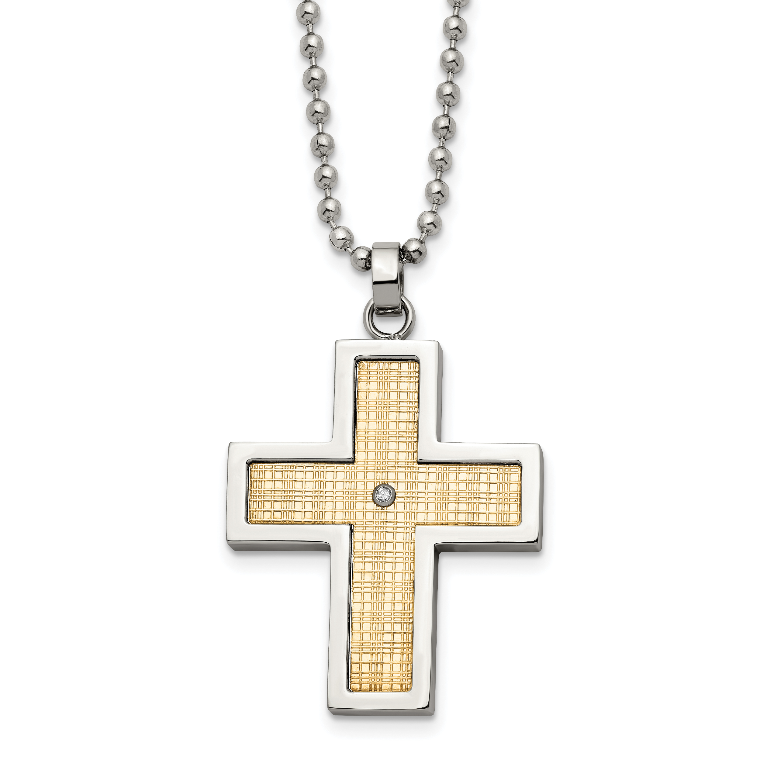 Chisel Stainless Steel Polished with 18k Gold Accent .02 carat Diamond Cross Pendant on a 24 inch Ball Chain Necklace Main image