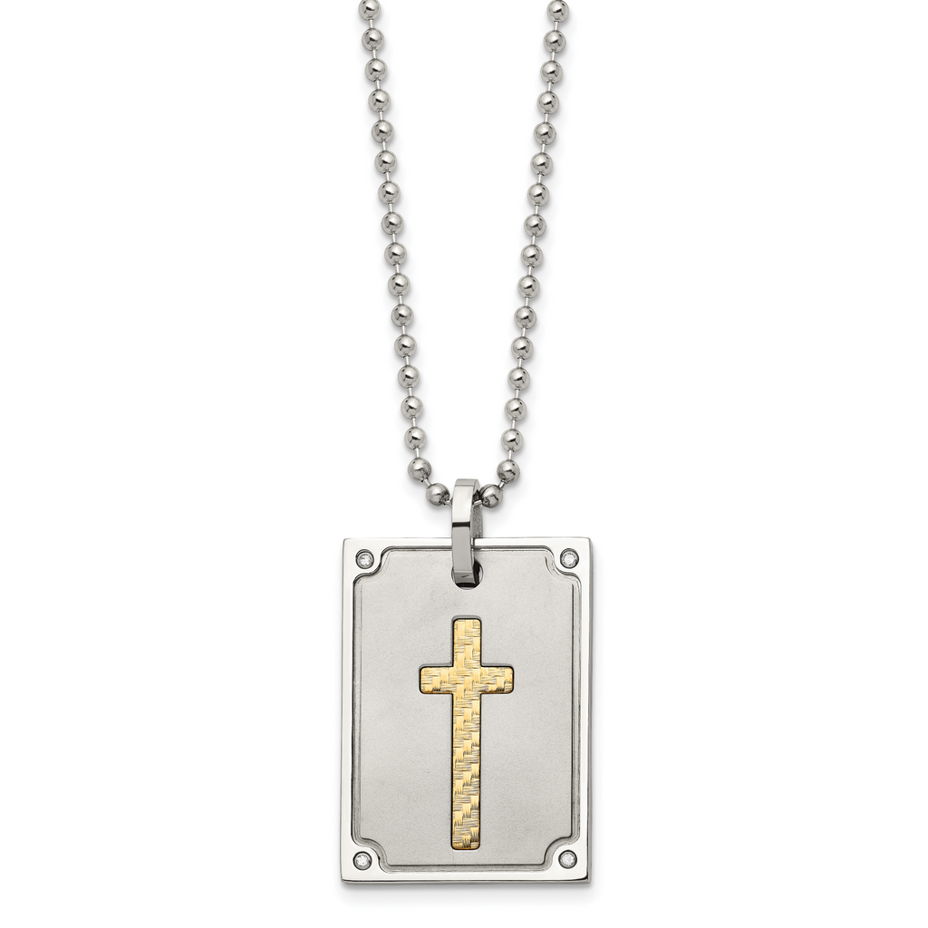 Stainless Steel w/18k Brushed and Polished 1/20ct Dia Cross Necklace