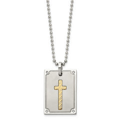 Stainless Steel w/18k Brushed and Polished 1/20ct Dia Cross Necklace