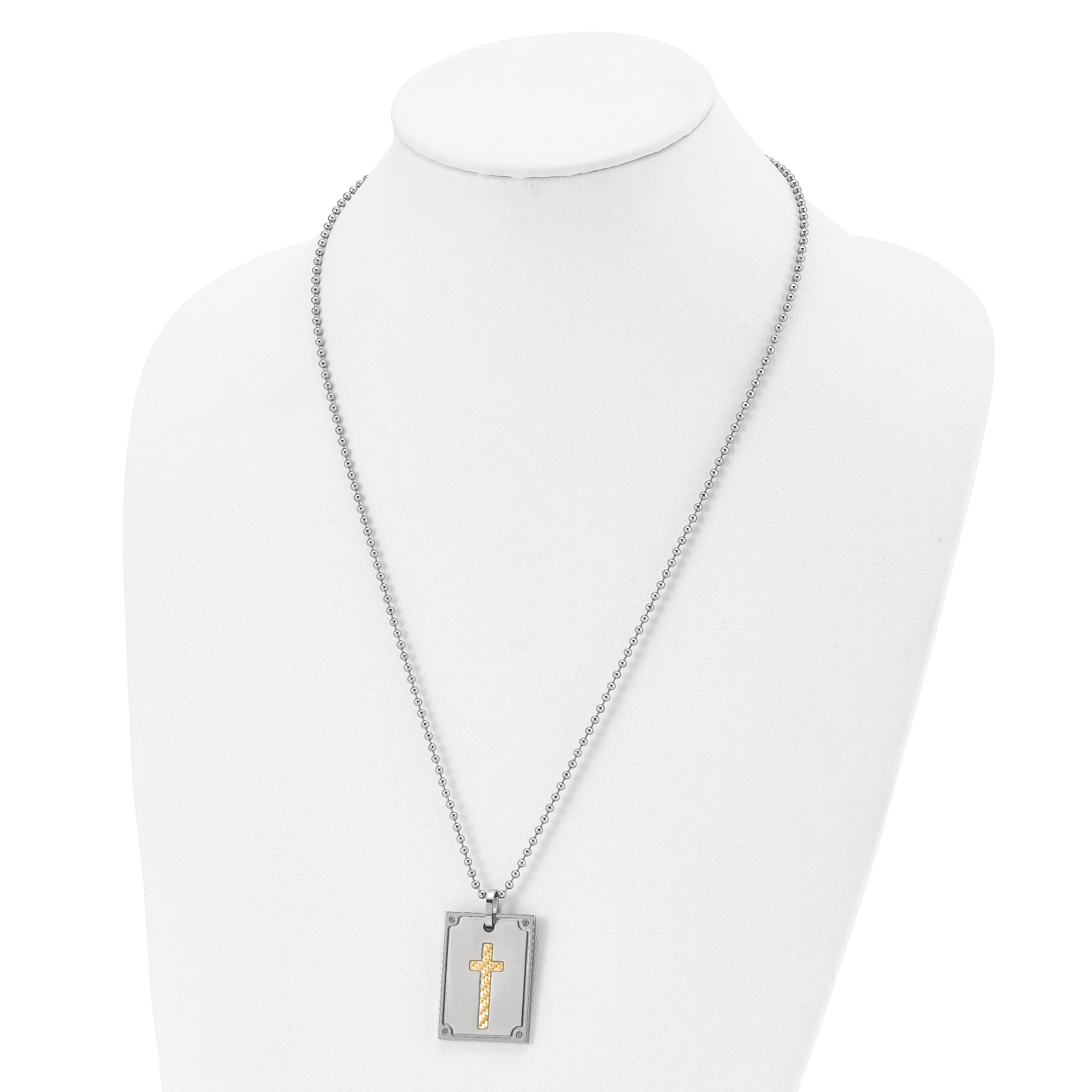 Stainless Steel w/18k Brushed and Polished 1/20ct Dia Cross Necklace