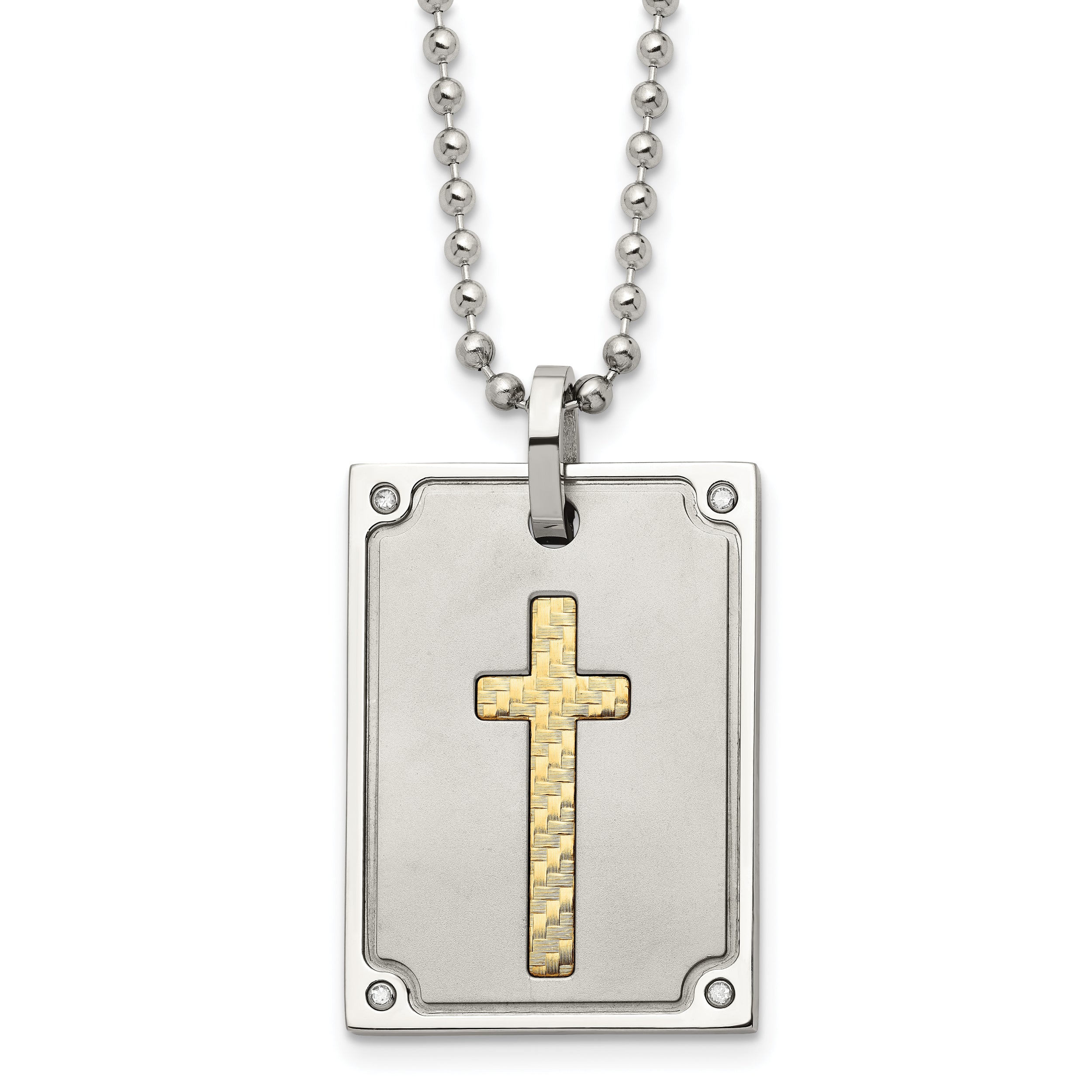 Stainless Steel w/18k Brushed and Polished 1/20ct Dia Cross Necklace