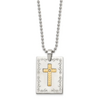 Stainless Steel w/18k Polished Laser Etched w/.01ct Dia Cross Necklace