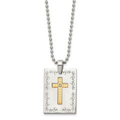 Stainless Steel w/18k Polished Laser Etched w/.01ct Dia Cross Necklace
