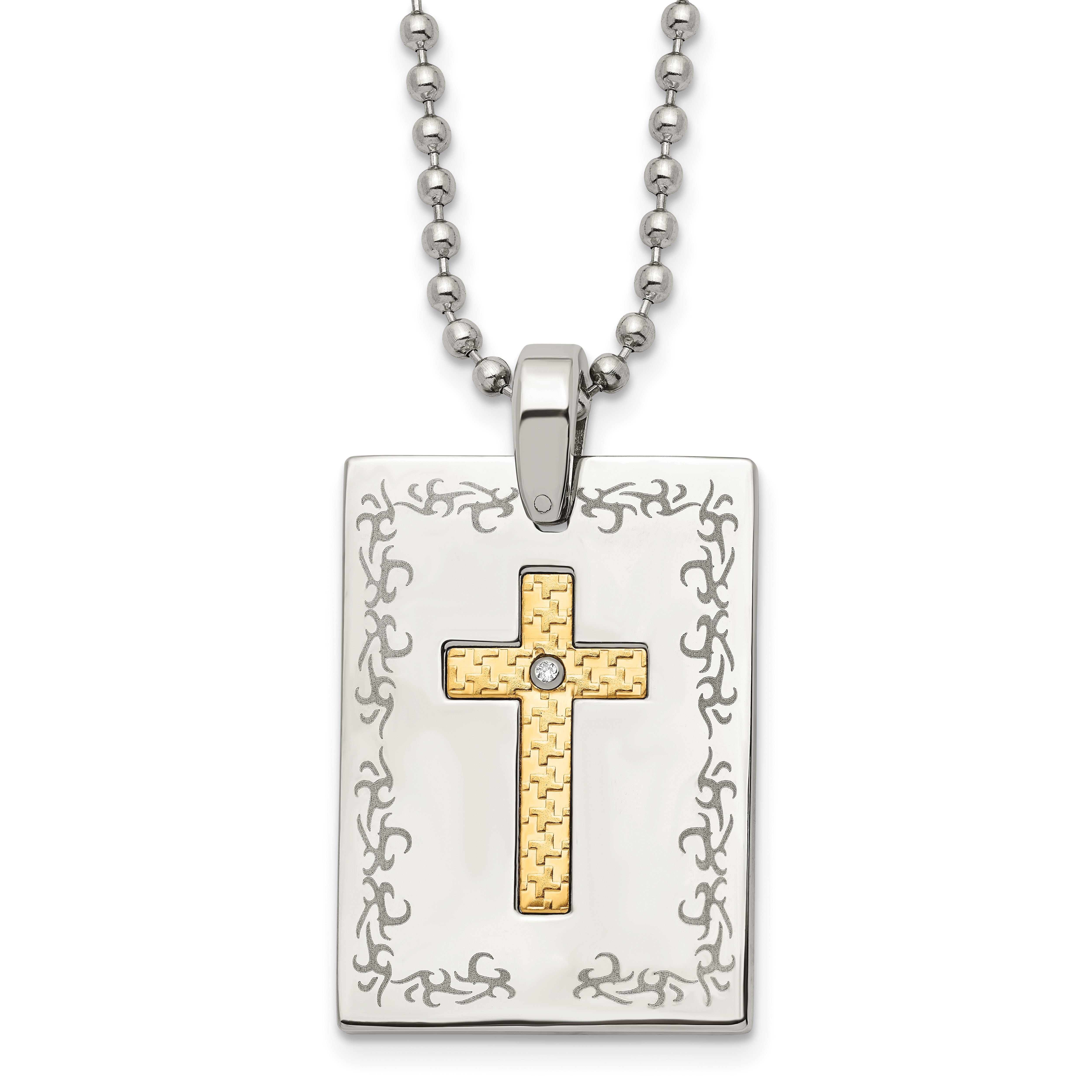Stainless Steel w/18k Polished Laser Etched w/.01ct Dia Cross Necklace Main image