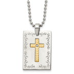 Stainless Steel w/18k Polished Laser Etched w/.01ct Dia Cross Necklace