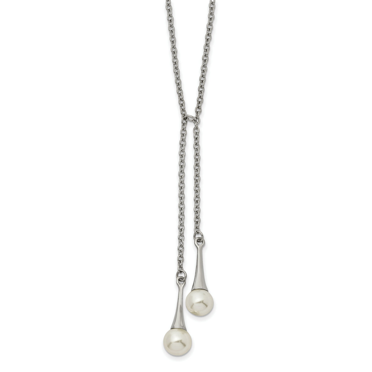Stainless Steel Polished w/Simulated Pearl 14in w/2in ext Necklace