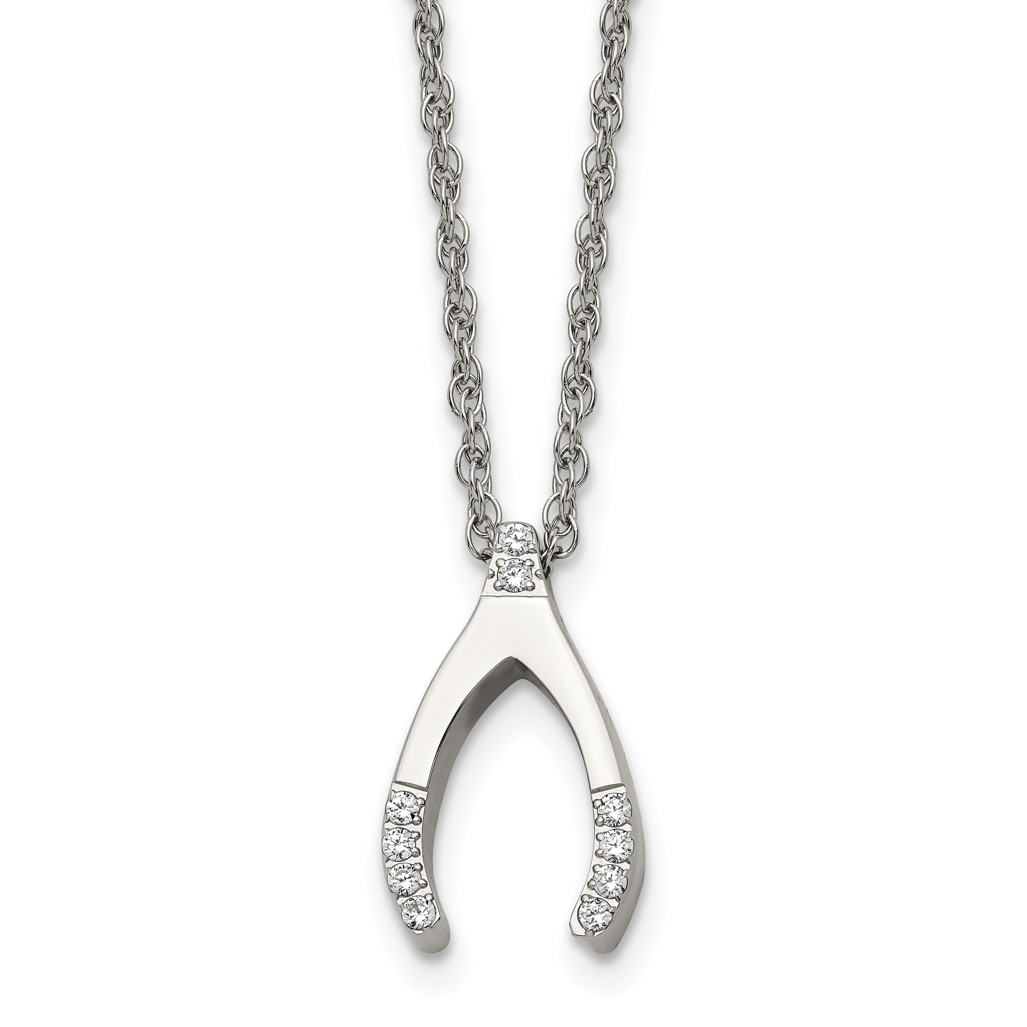 Chisel Stainless Steel Polished with CZ Wishbone on a 15.5 inch Multi-Link Chain Necklace Main image