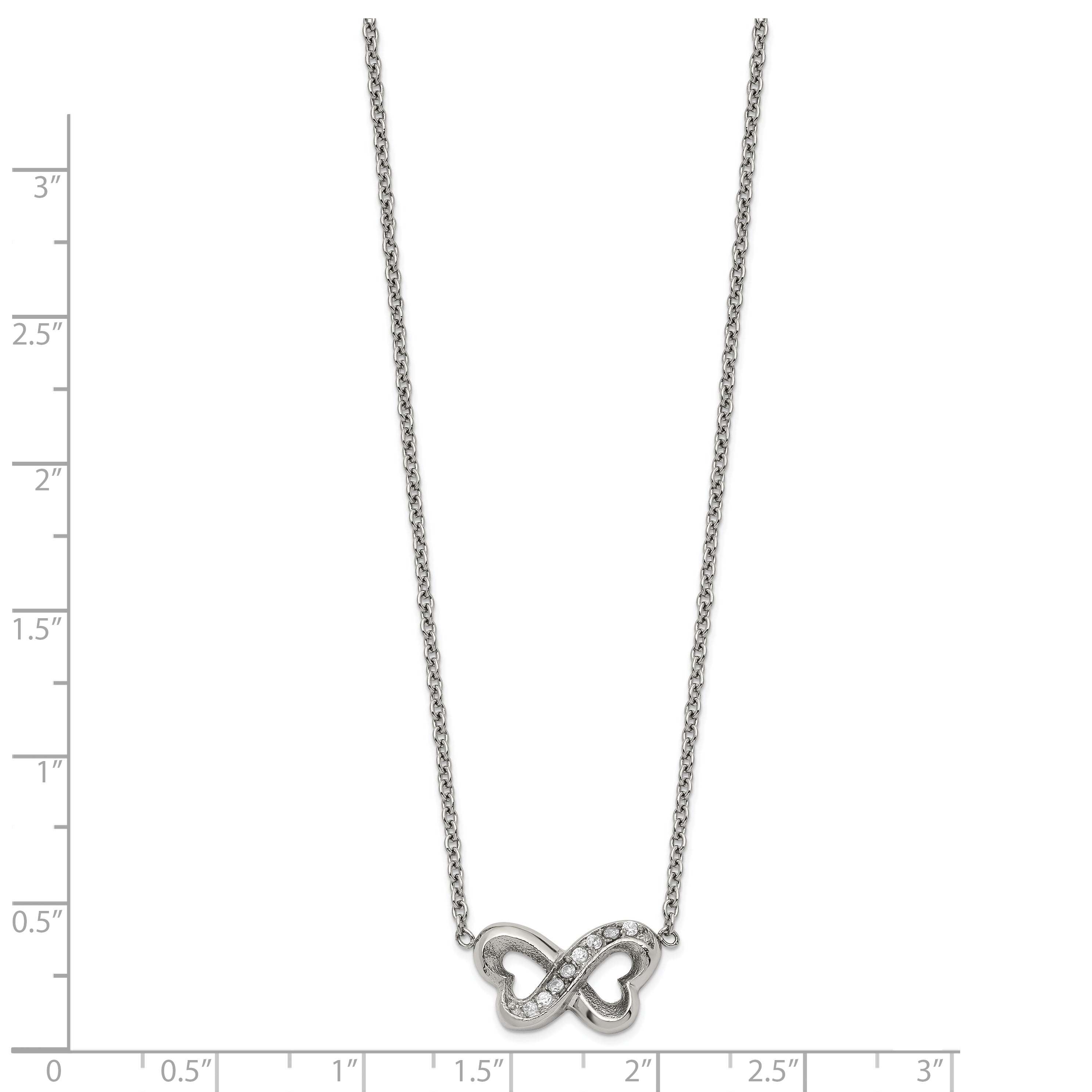 Stainless Steel Polished CZ Interlocking Hearts 15.5in w/2in ext Necklace