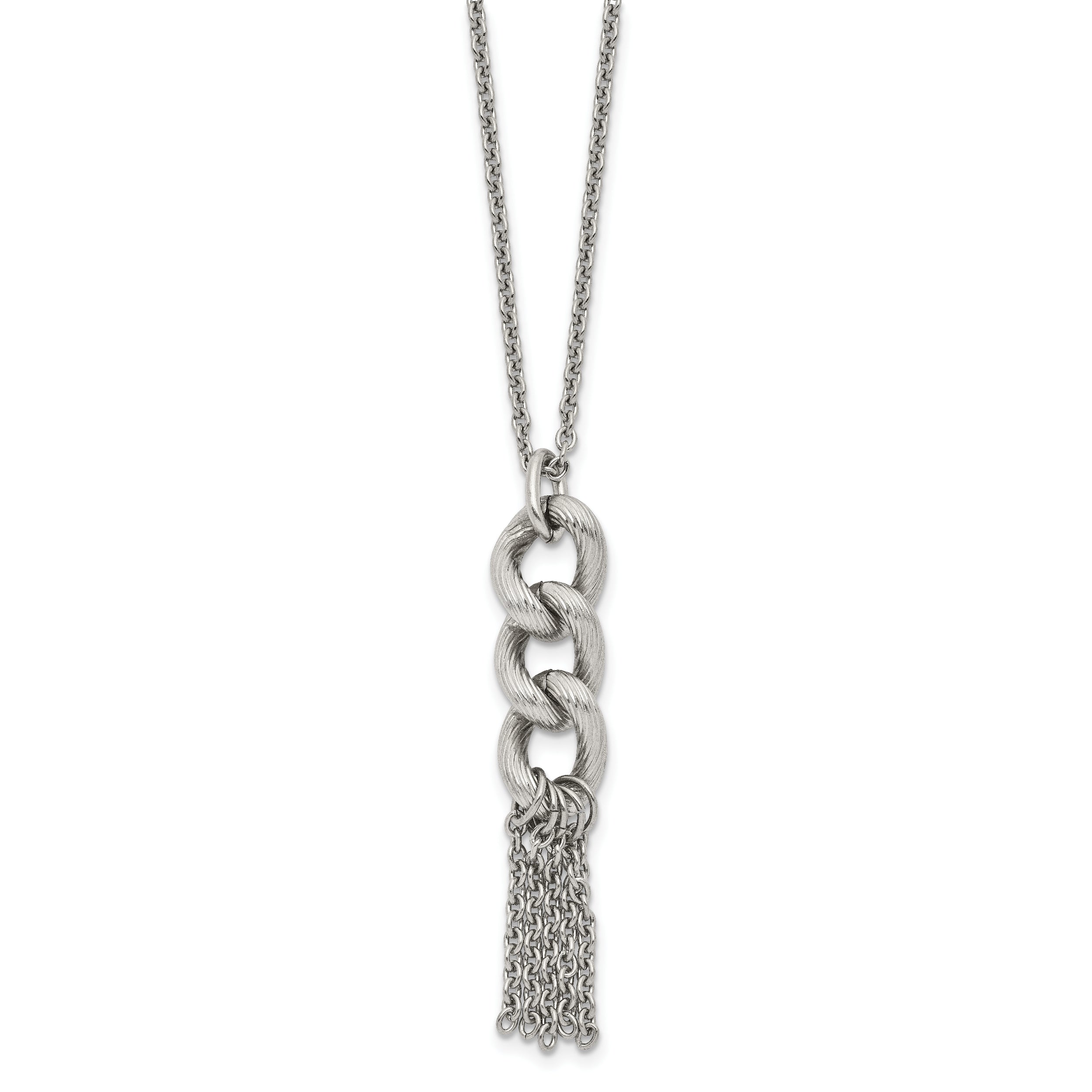 Stainless Steel Polished and Textured Chain Dangle w/2in ext Necklace