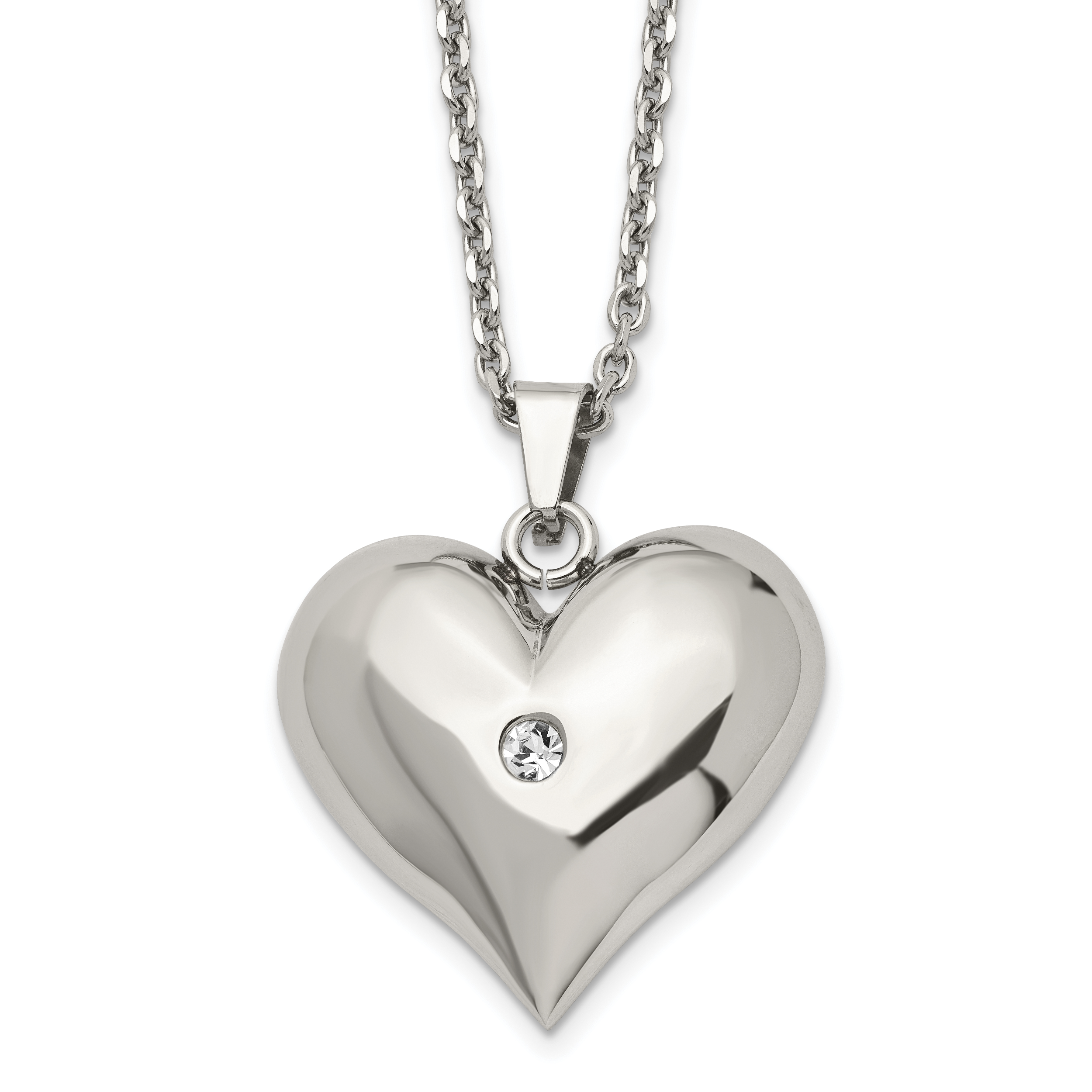 Stainless Steel Polished w/Crystal Heart 22in Necklace Main image