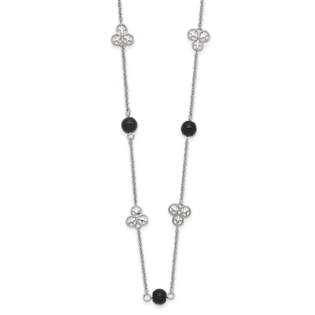 Black Bead Necklace in Stainless Steel, 33-inch