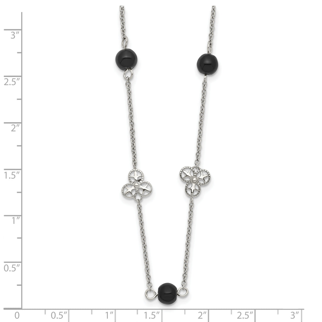 Black Bead Necklace in Stainless Steel, 33-inch