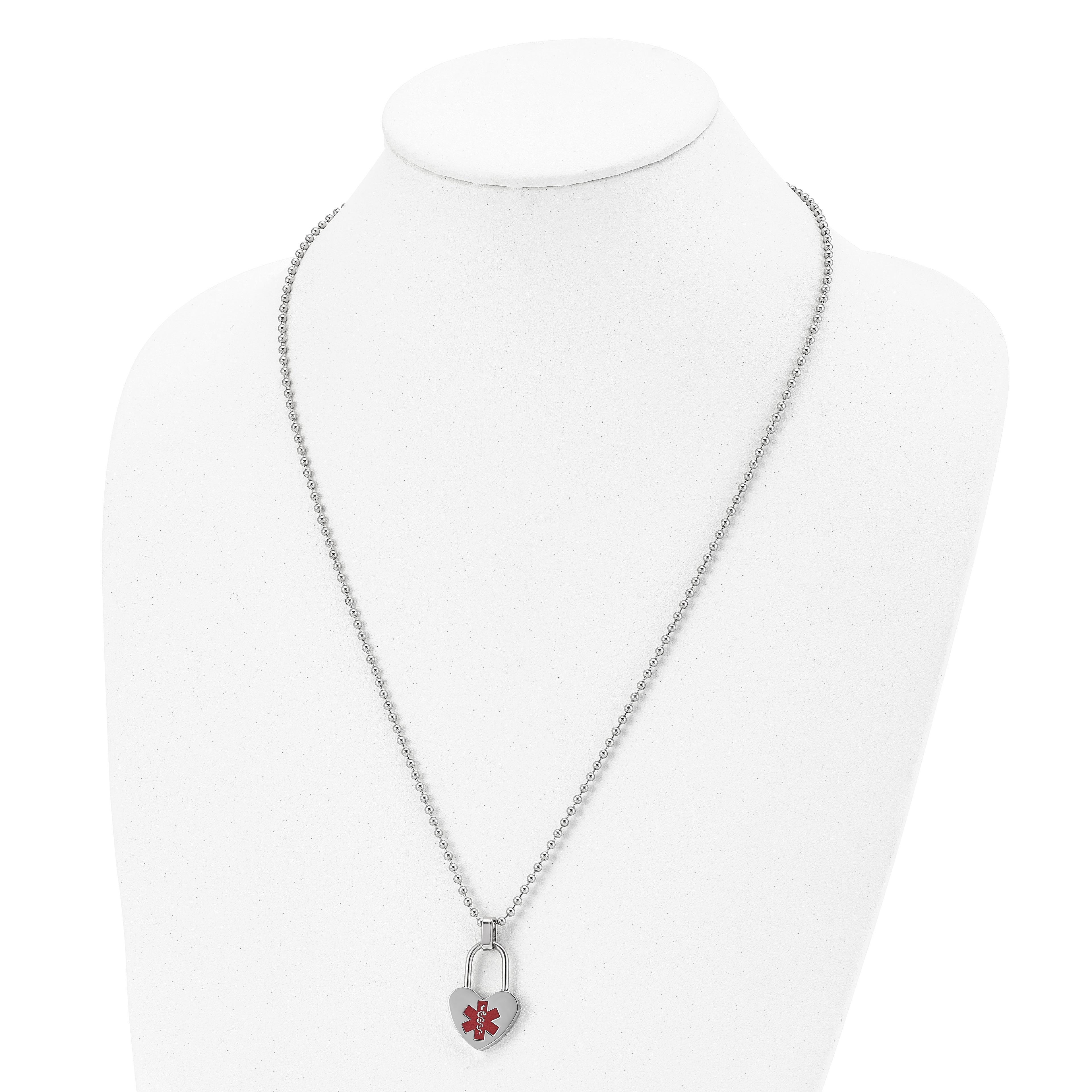 Chisel Stainless Steel Polished with Red Enamel Heart Lock Medical ID Pendant on a 24 inch Ball Chain Necklace