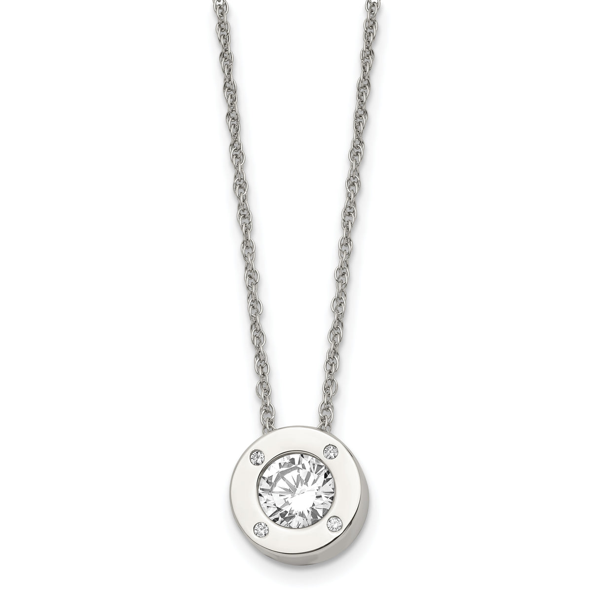 Chisel Stainless Steel Polished CZ April Birthstone Circle Pendant on a 20 inch Multi-Link Chain Necklace