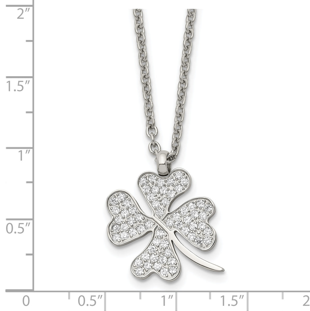 Chisel Stainless Steel Polished CZ Four Leaf Clover Pendant on a 22 inch Cable Chain Necklace