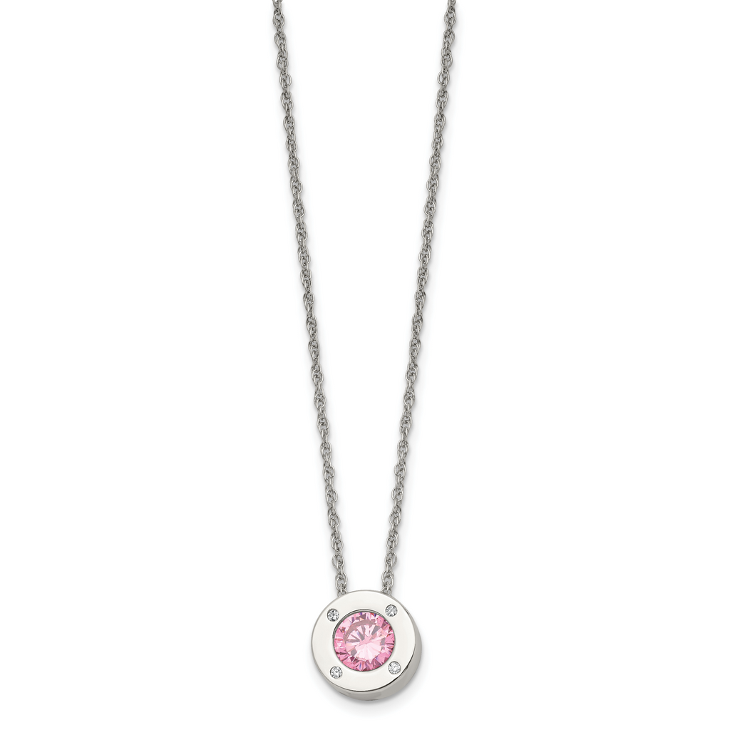 Chisel Stainless Steel Polished CZ October Birthstone Circle Pendant on a 20 inch Multi-Link Chain Necklace