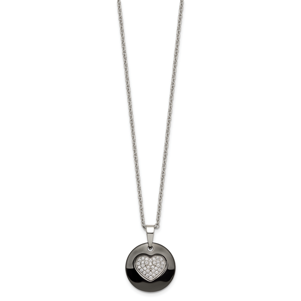 Black Ceramic Heart CZ Necklace in Stainless Steel