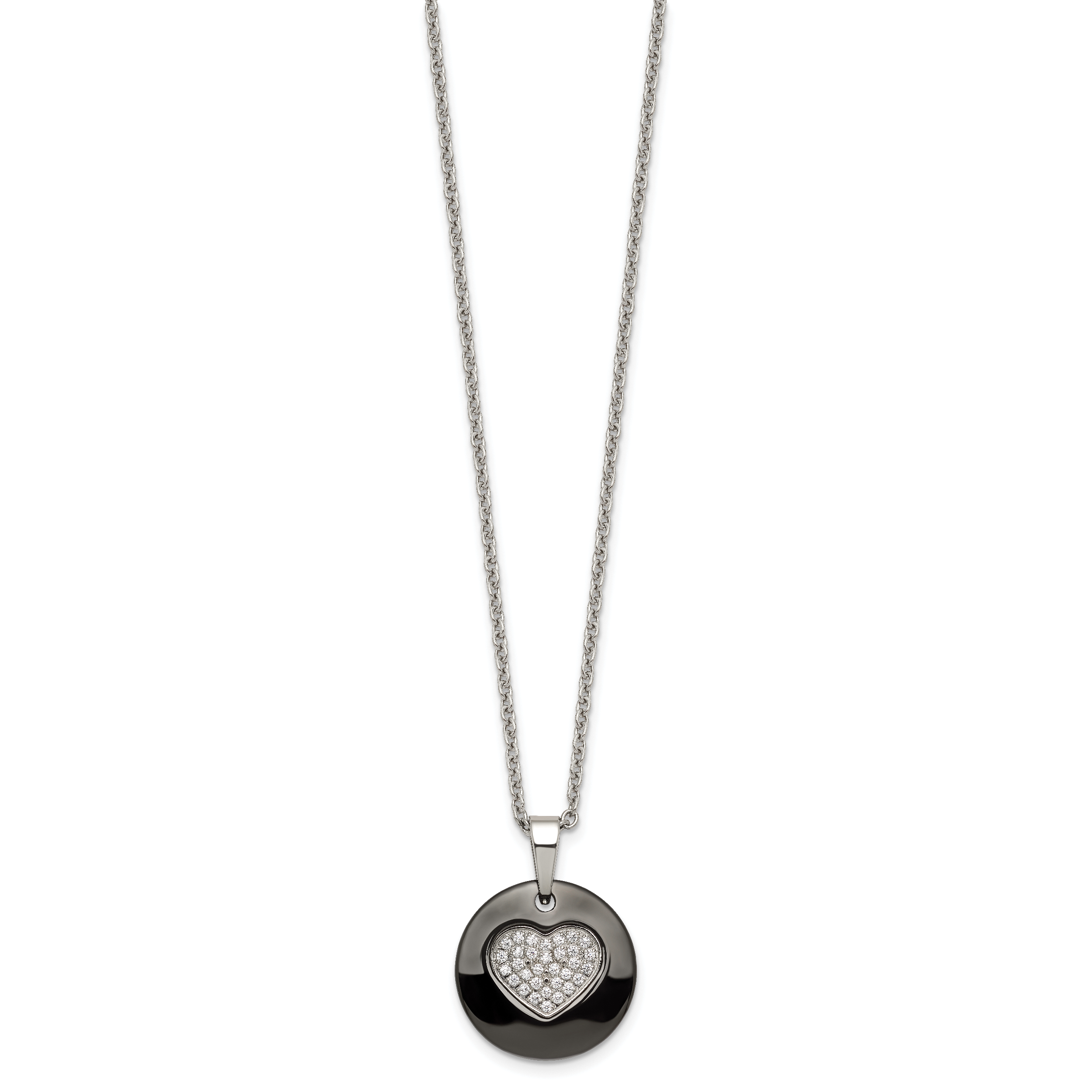 Black Ceramic Heart CZ Necklace in Stainless Steel