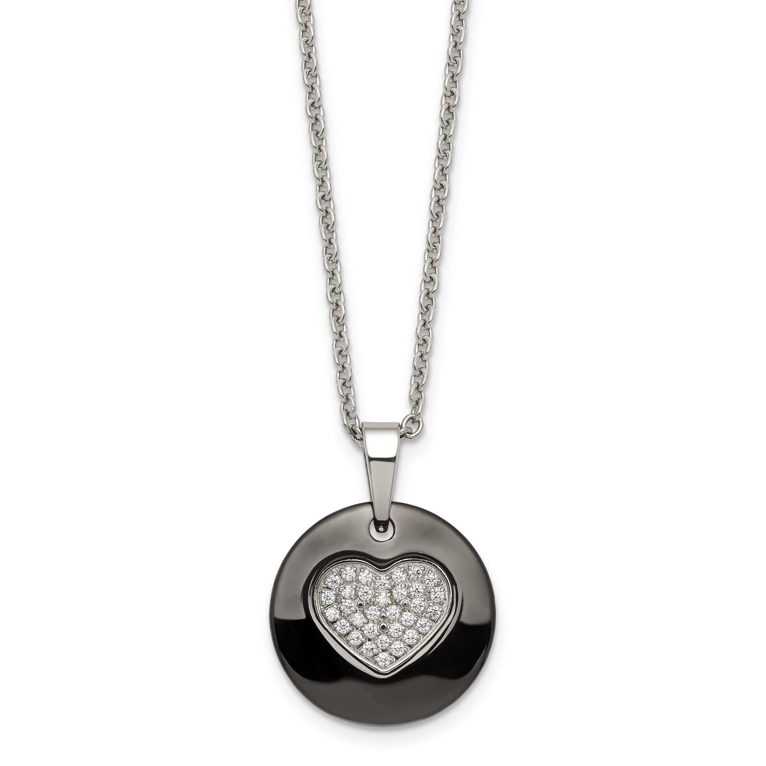 Stainless Steel Polished Black Ceramic w/CZ Heart 22in Necklace Main image