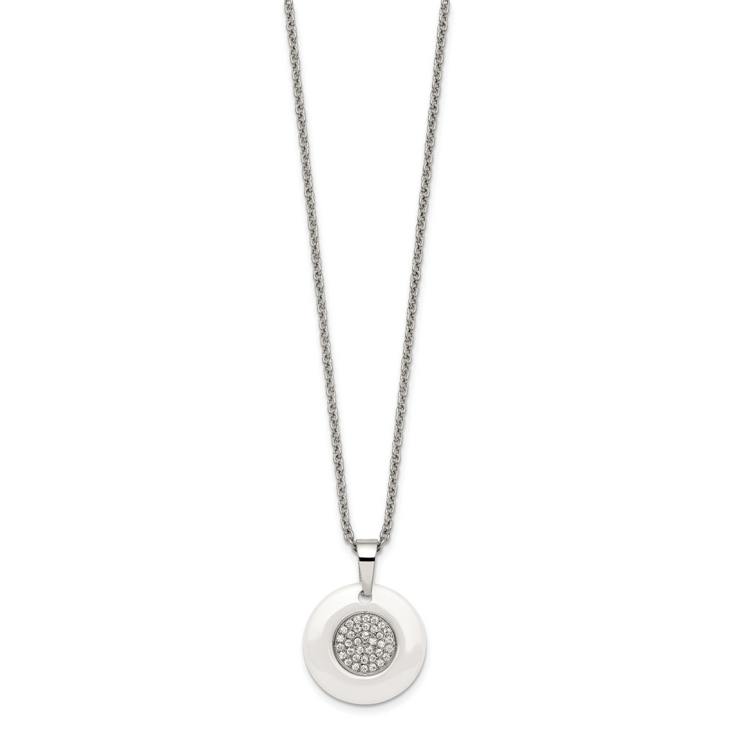 White Ceramic & CZ Circle Necklace in Stainless Steel