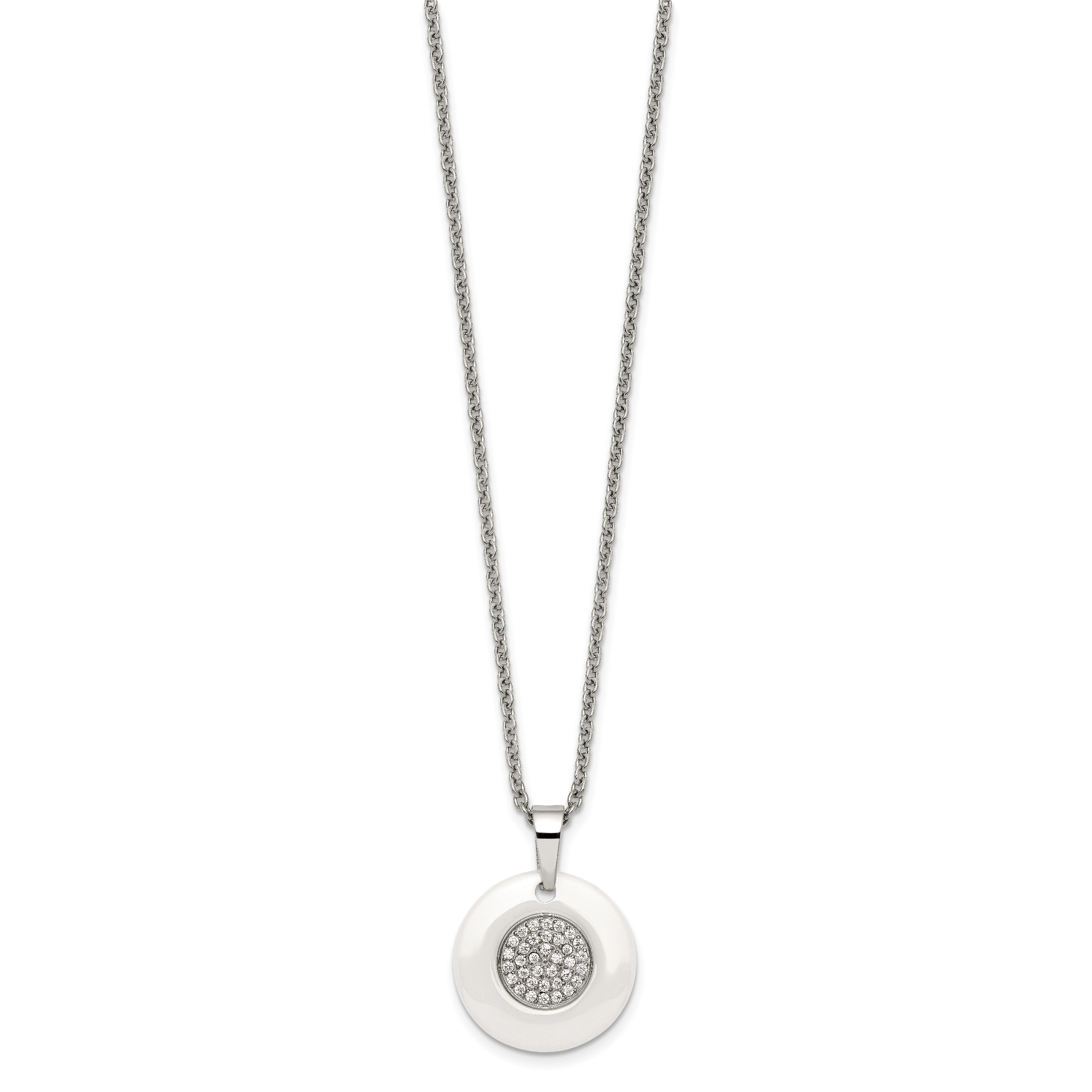 White Ceramic & CZ Circle Necklace in Stainless Steel