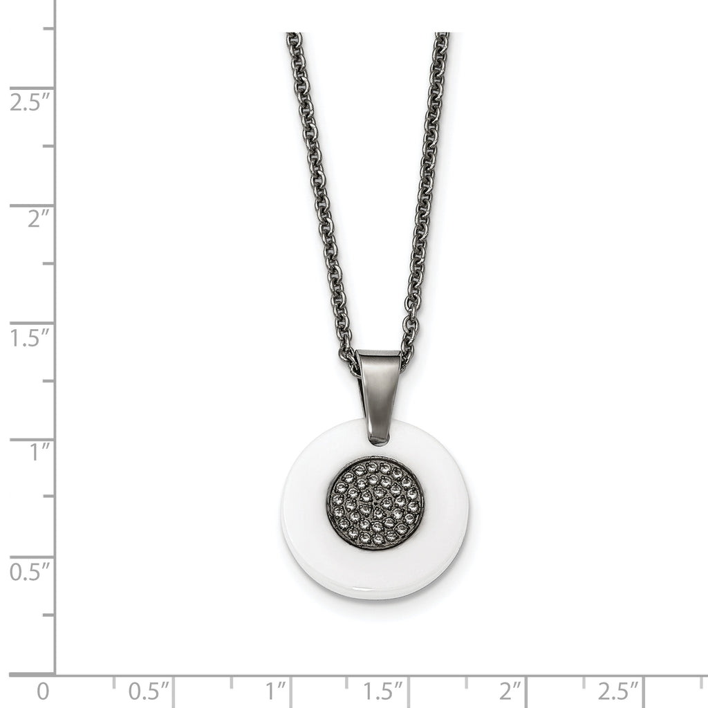 White Ceramic & CZ Circle Necklace in Stainless Steel