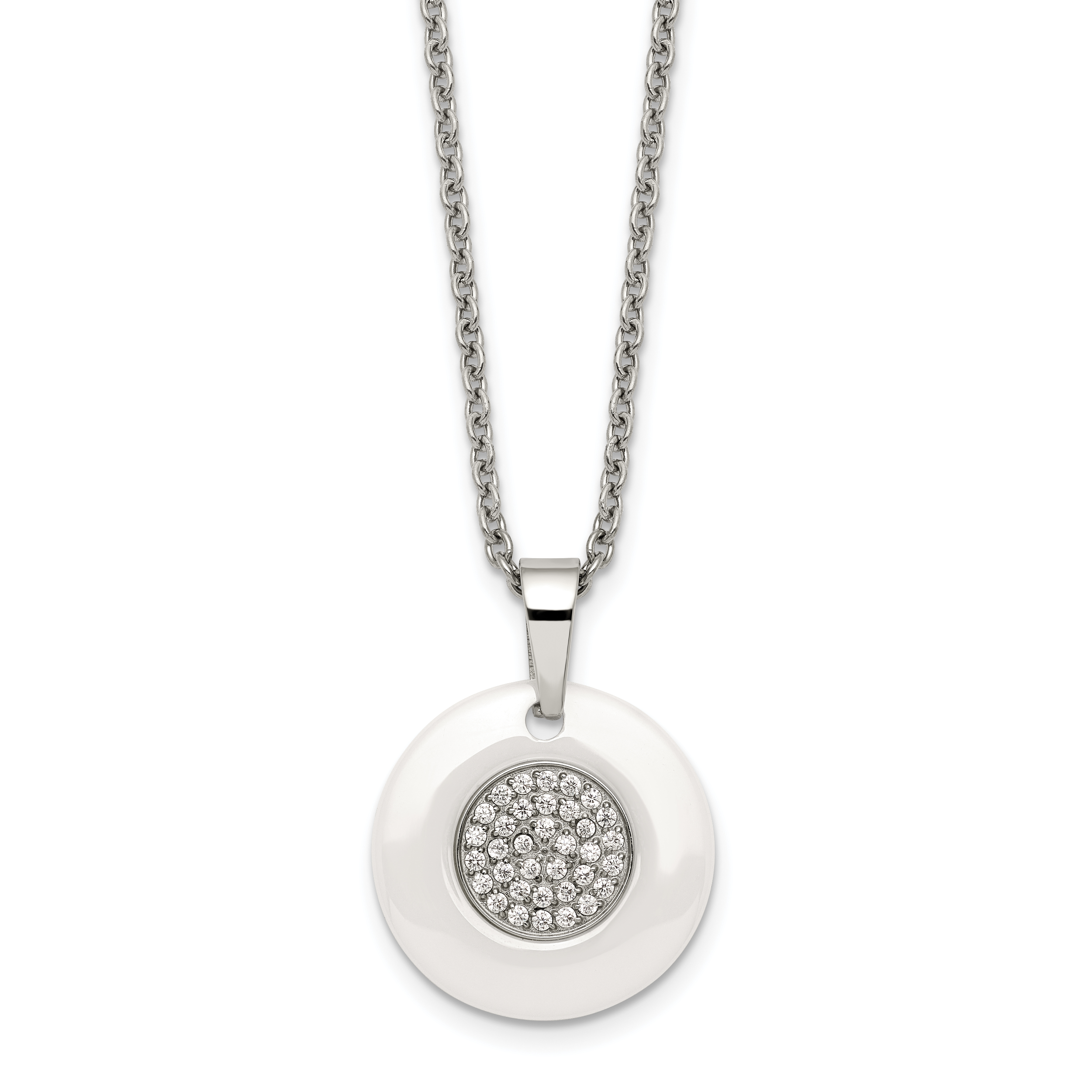 Stainless Steel Polished White Ceramic w/CZ Circle 22in Necklace Main image