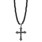 Black CZ & Glass Bead Cross Necklace in Stainless Steel