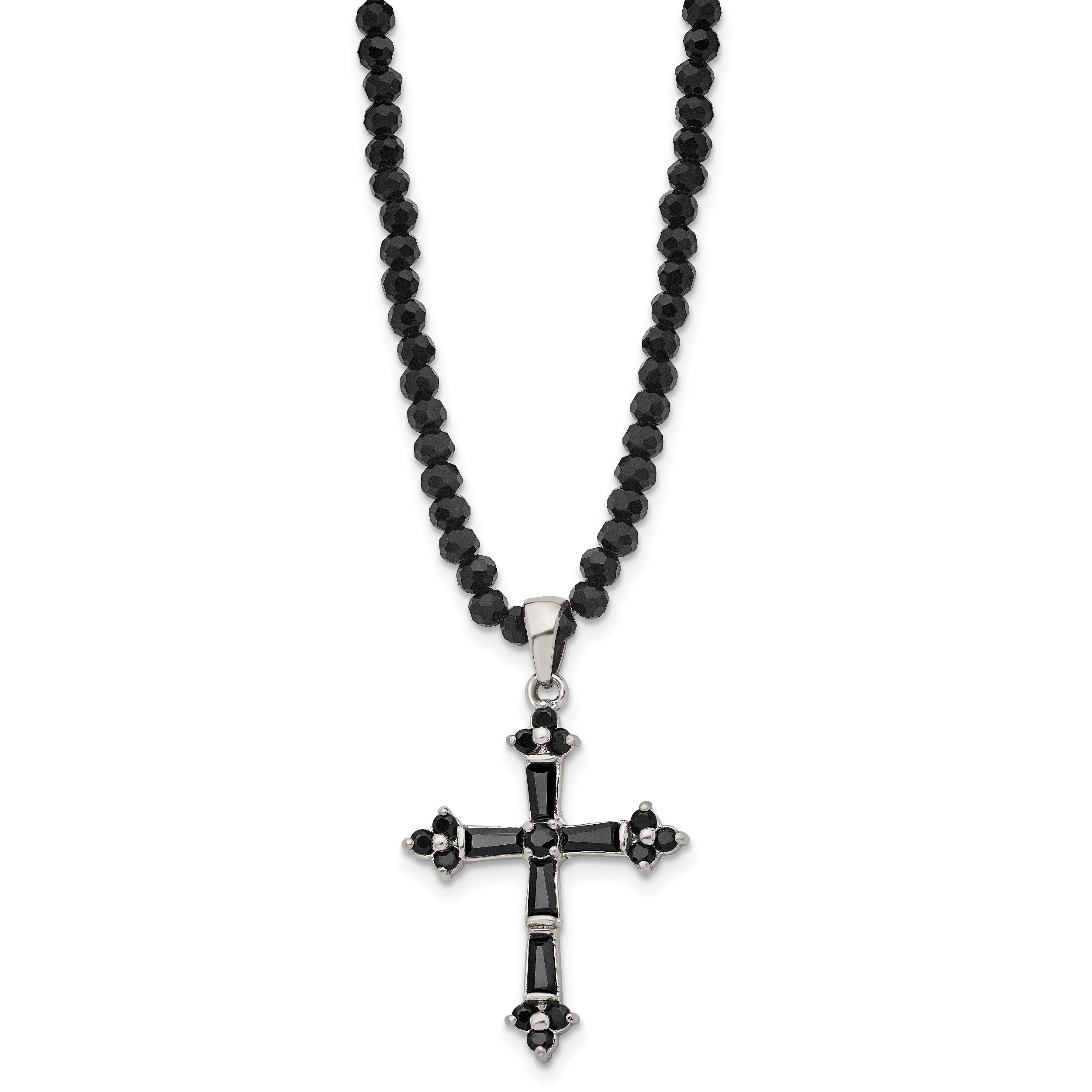 Black CZ & Glass Bead Cross Necklace in Stainless Steel