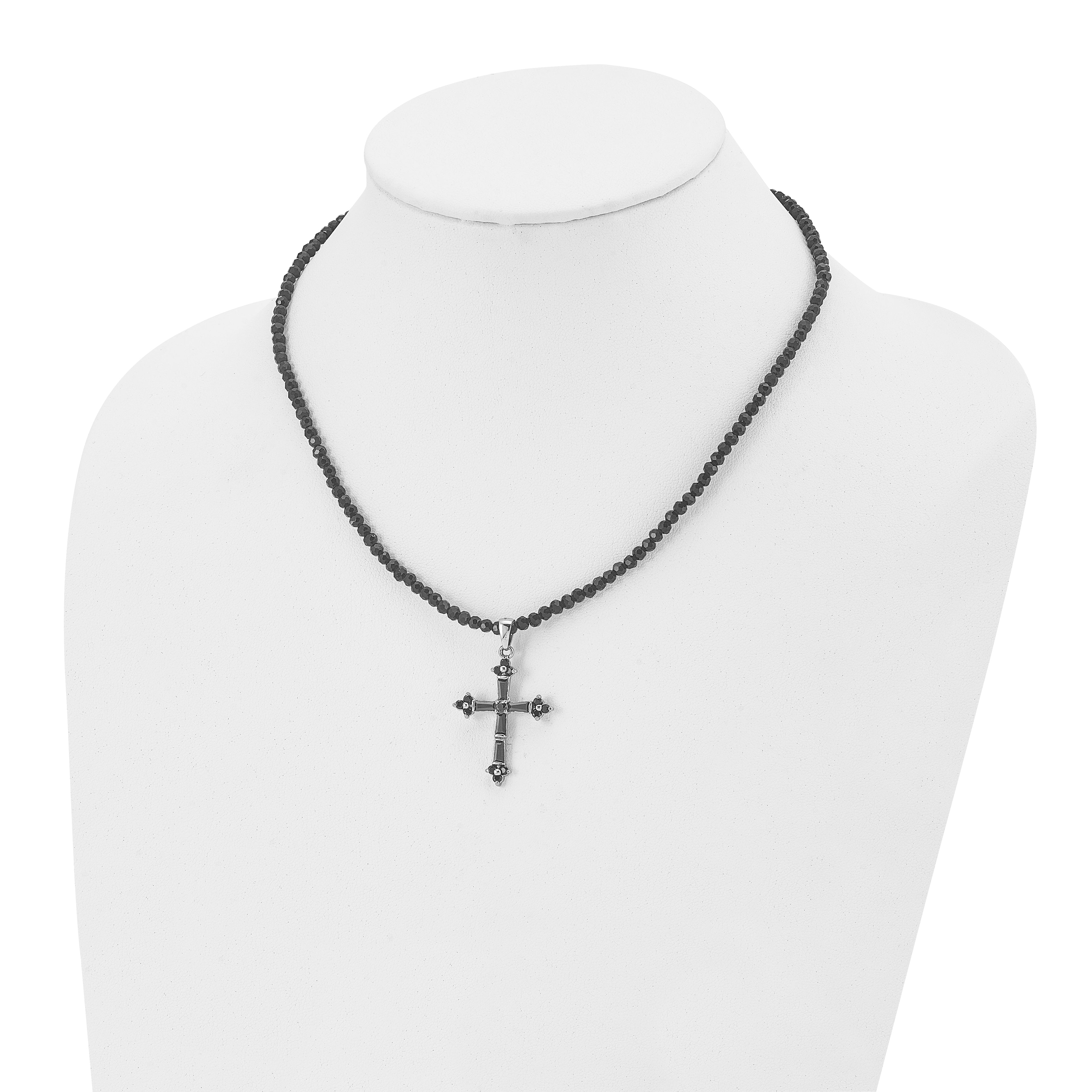 Black CZ & Glass Bead Cross Necklace in Stainless Steel