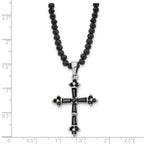 Black CZ & Glass Bead Cross Necklace in Stainless Steel