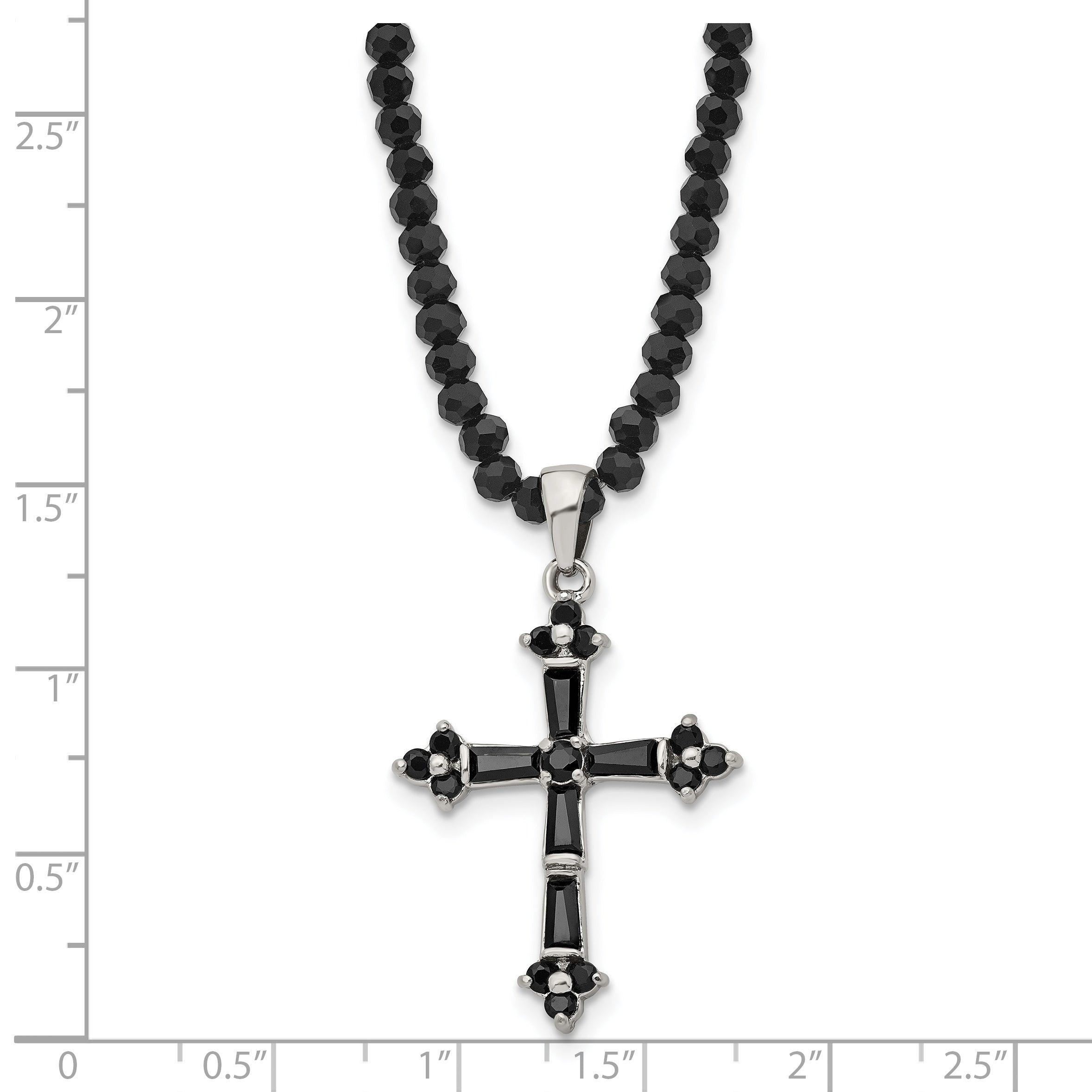 Black CZ & Glass Bead Cross Necklace in Stainless Steel