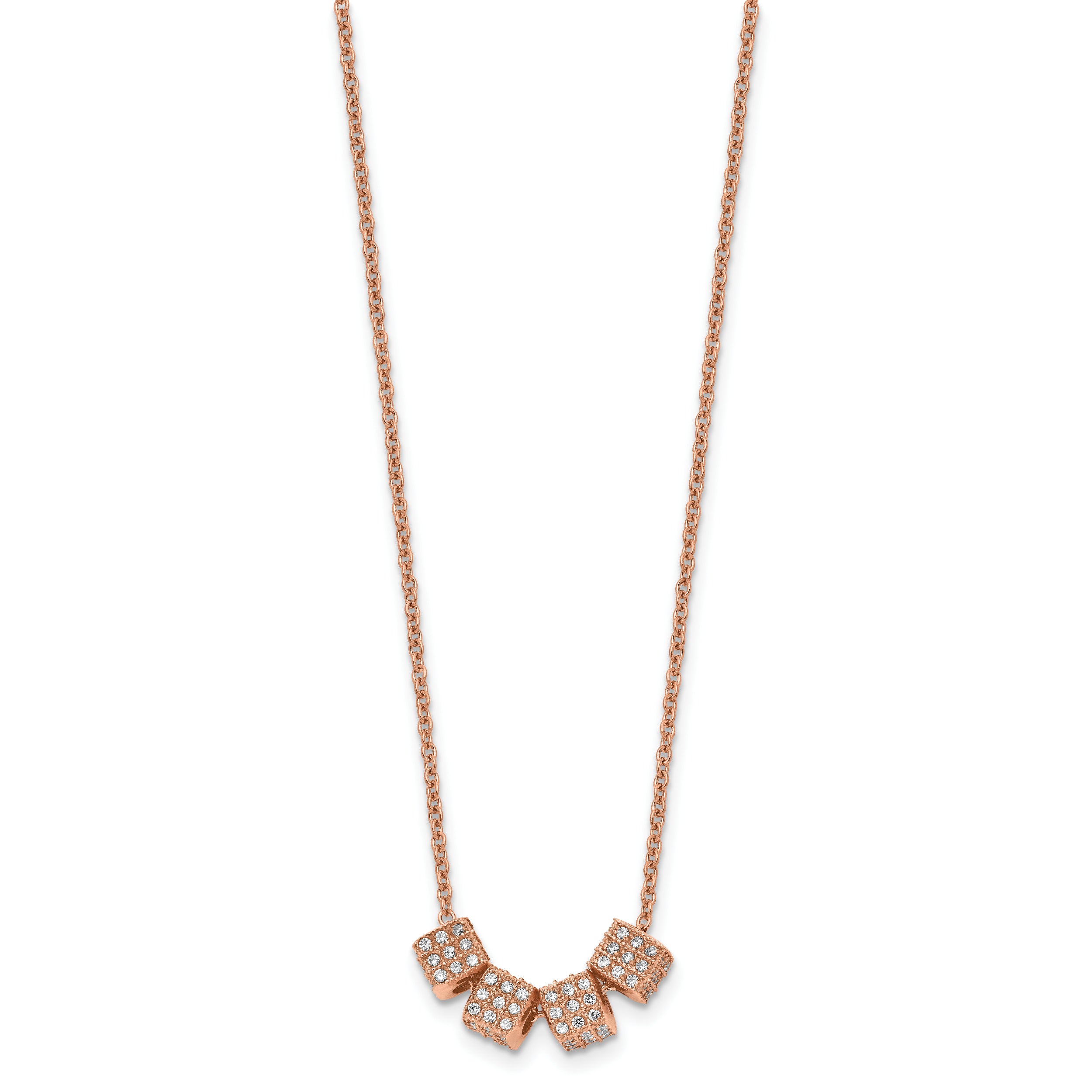 Stainless Steel Polished Rose IP-plated w/CZ 16.5in w/2in ext. Necklace