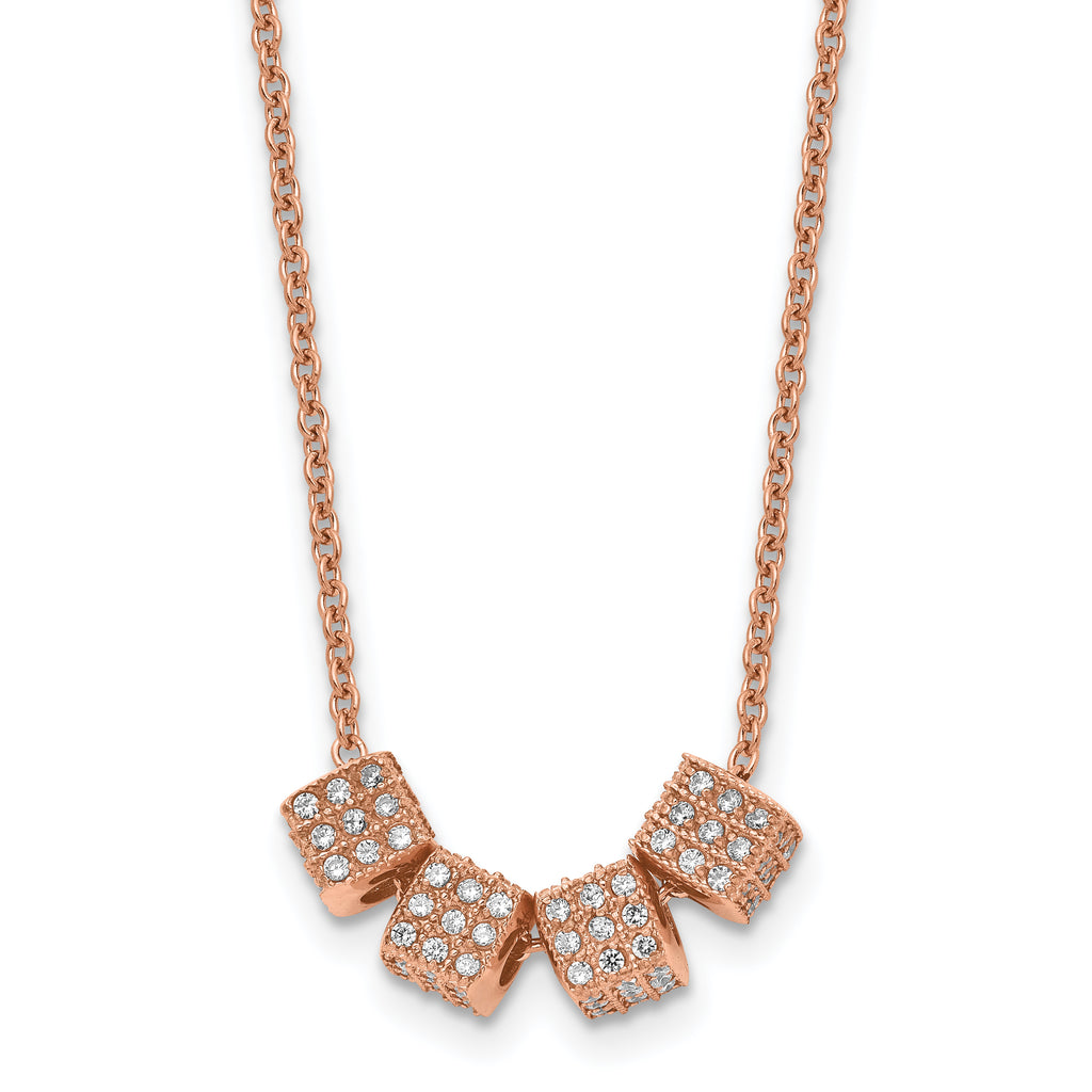 Stainless Steel Polished Rose IP-plated w/CZ 16.5in w/2in ext. Necklace