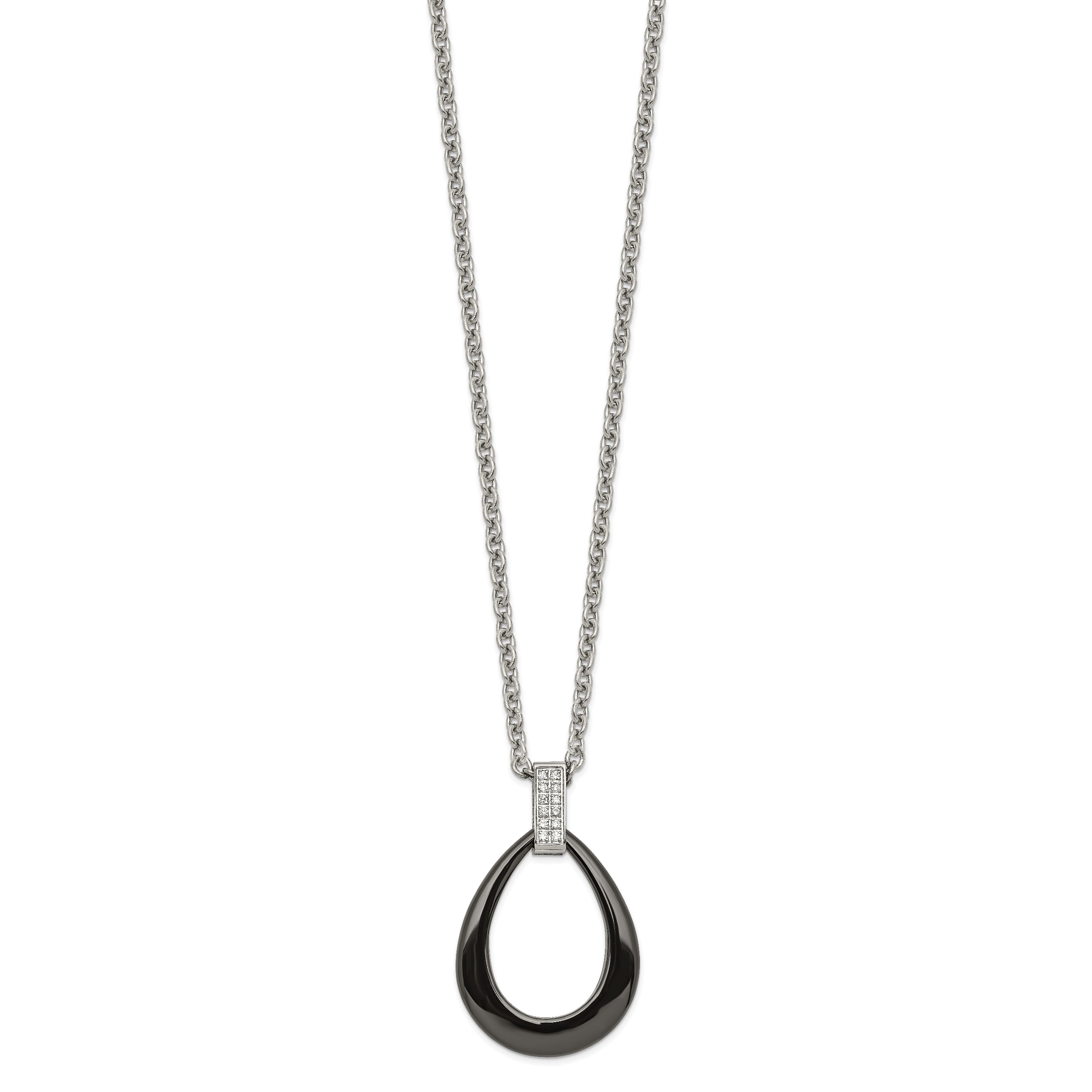 Stainless Steel Polished Black Ceramic Teardrop w/CZ 22in Necklace