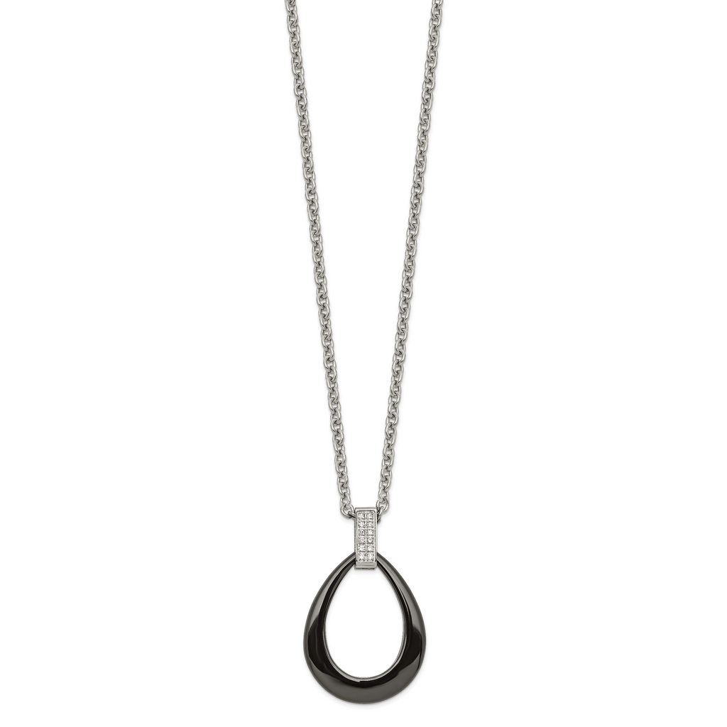 Black Ceramic Teardrop Necklace in Stainless Steel with CZ
