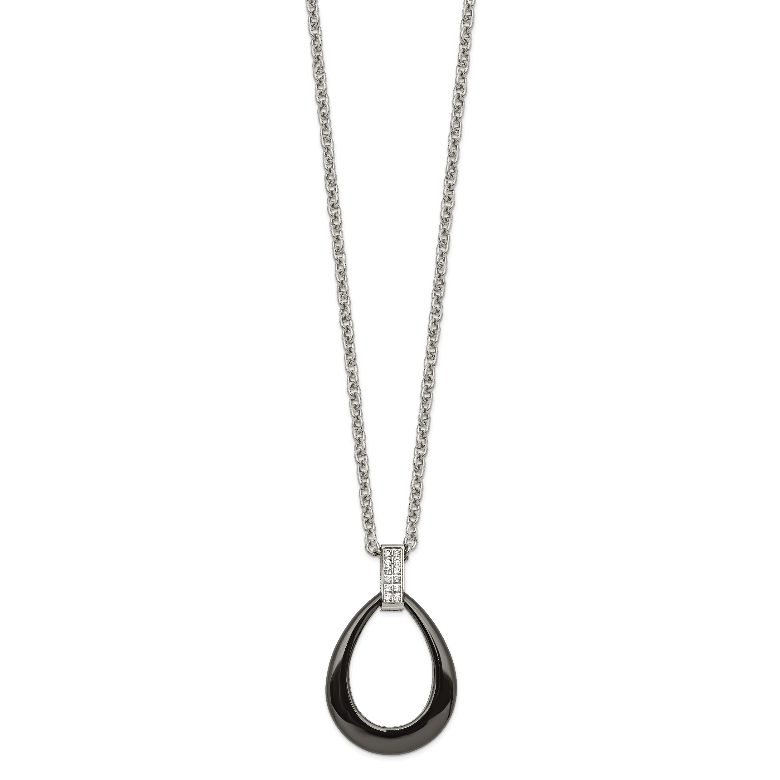 Black Ceramic Teardrop Necklace in Stainless Steel with CZ