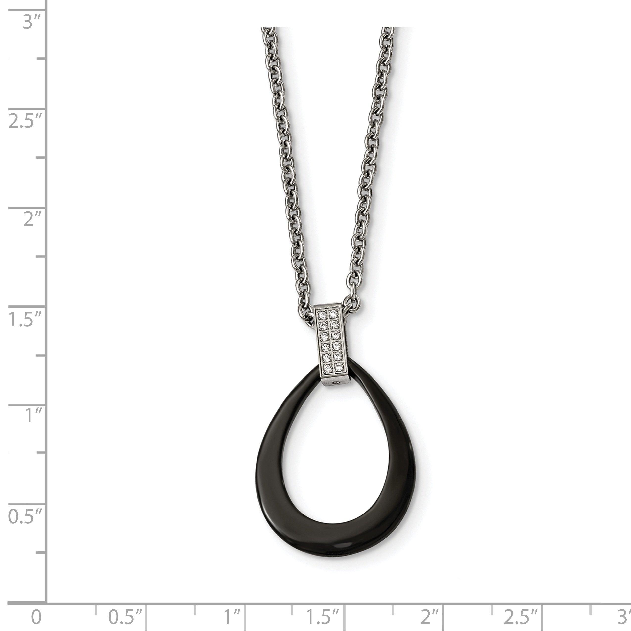 Black Ceramic Teardrop Necklace in Stainless Steel with CZ