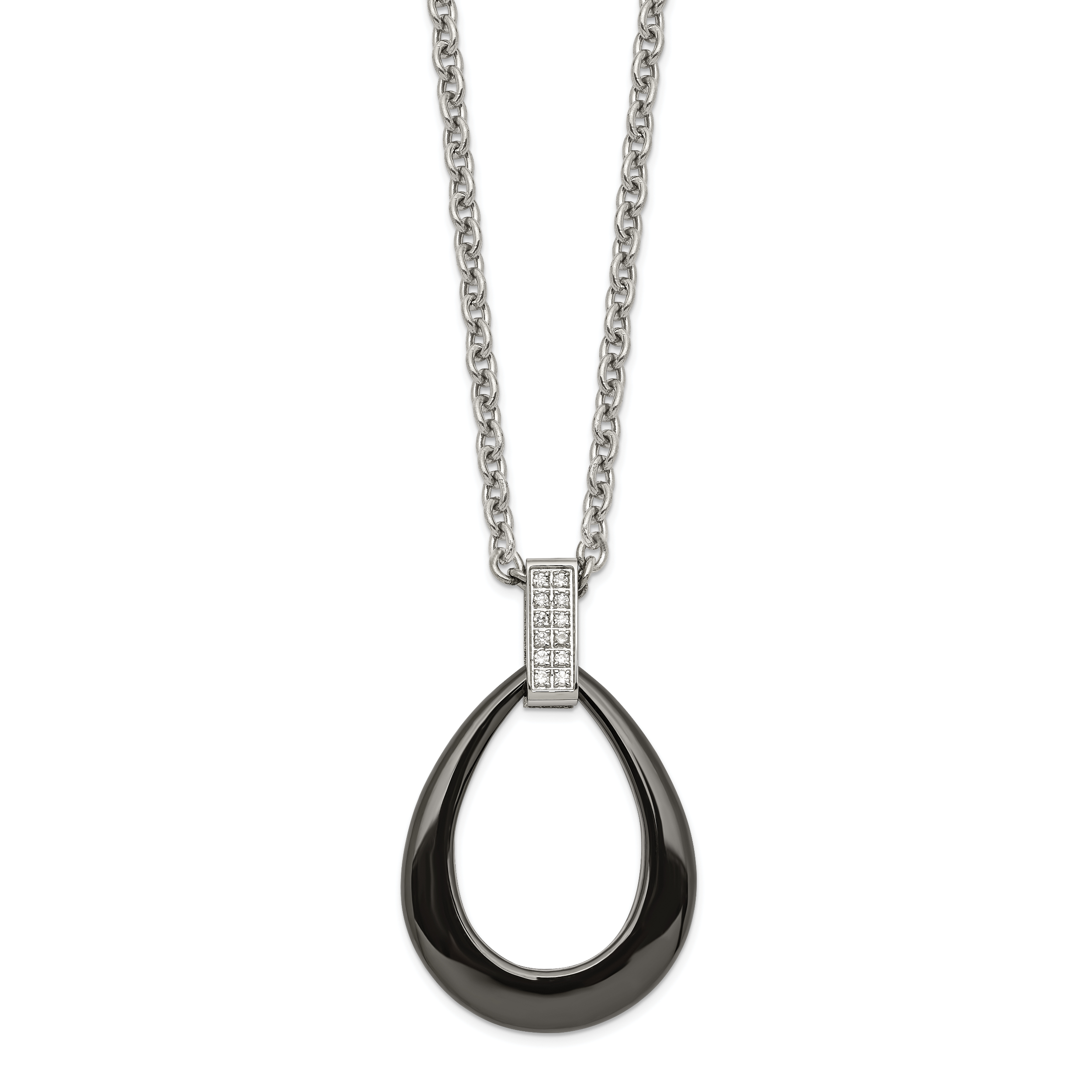 Stainless Steel Polished Black Ceramic Teardrop w/CZ 22in Necklace Main image