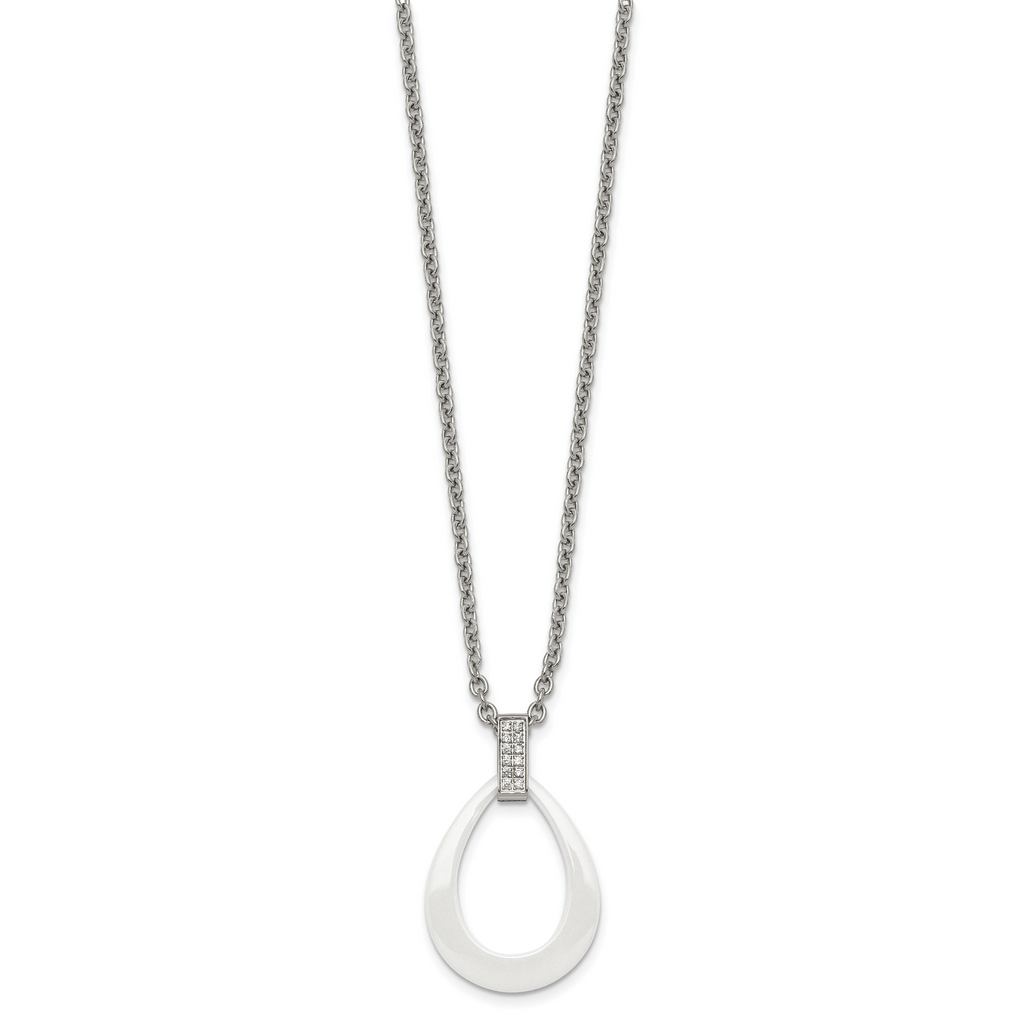 Ceramic Teardrop & CZ Necklace in Stainless Steel, 22in