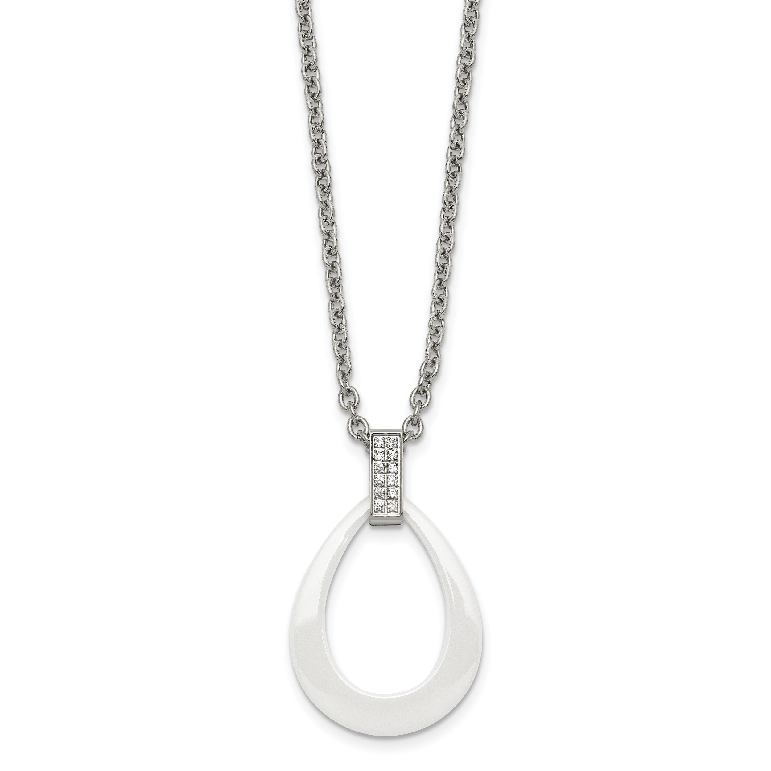 Stainless Steel Polished White Ceramic Teardrop w/CZ 22in Necklace Main image
