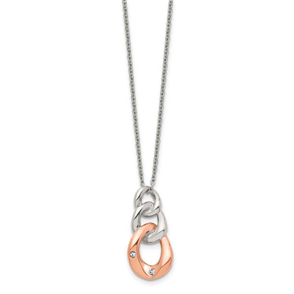 Stainless Steel Polished Rose IP-plated w/Crystal Three Loop 18in Necklace