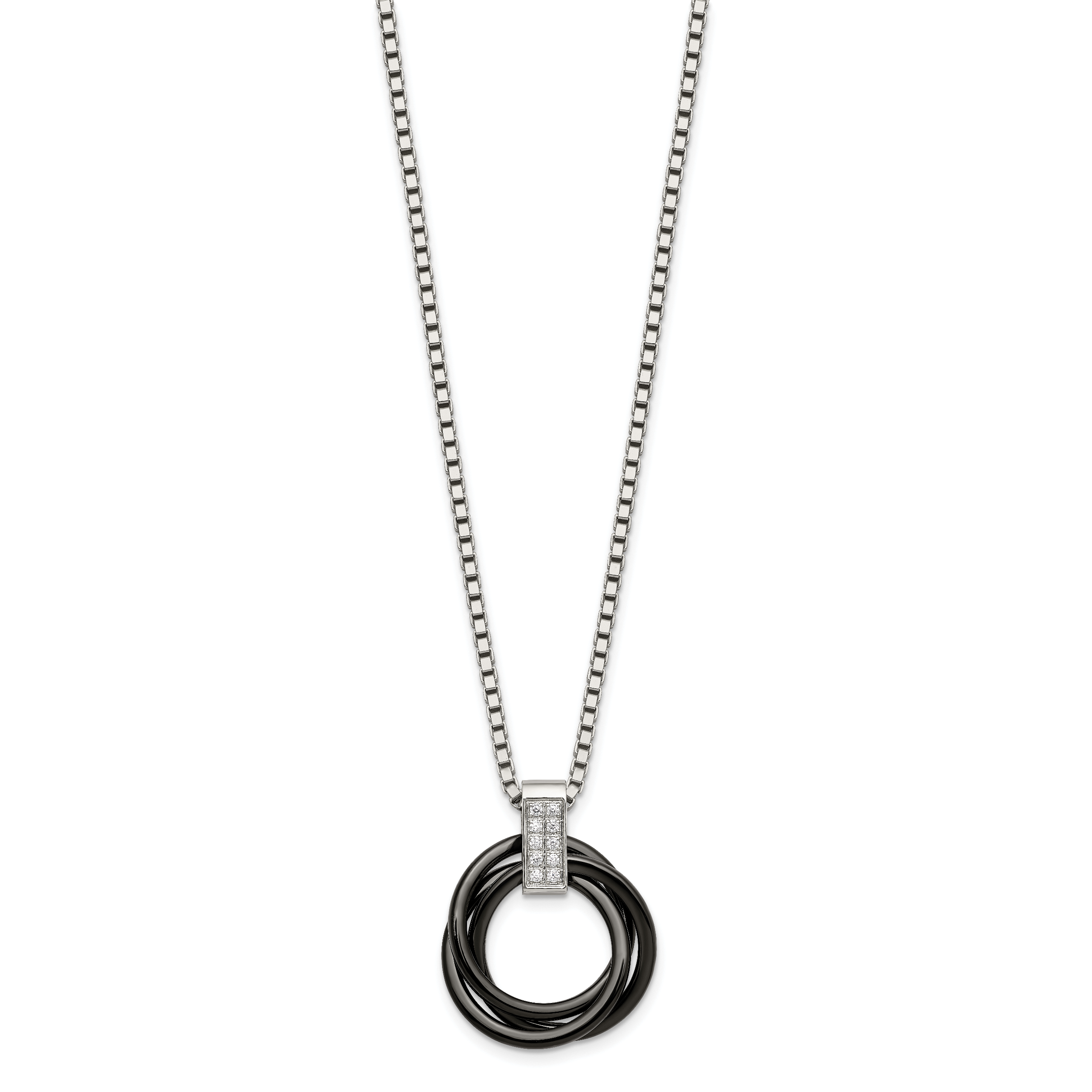 Multi-Circle CZ Necklace in Stainless Steel & Black Ceramic