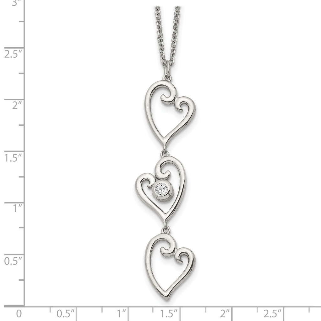 CZ Dangle Hearts Necklace in Stainless Steel