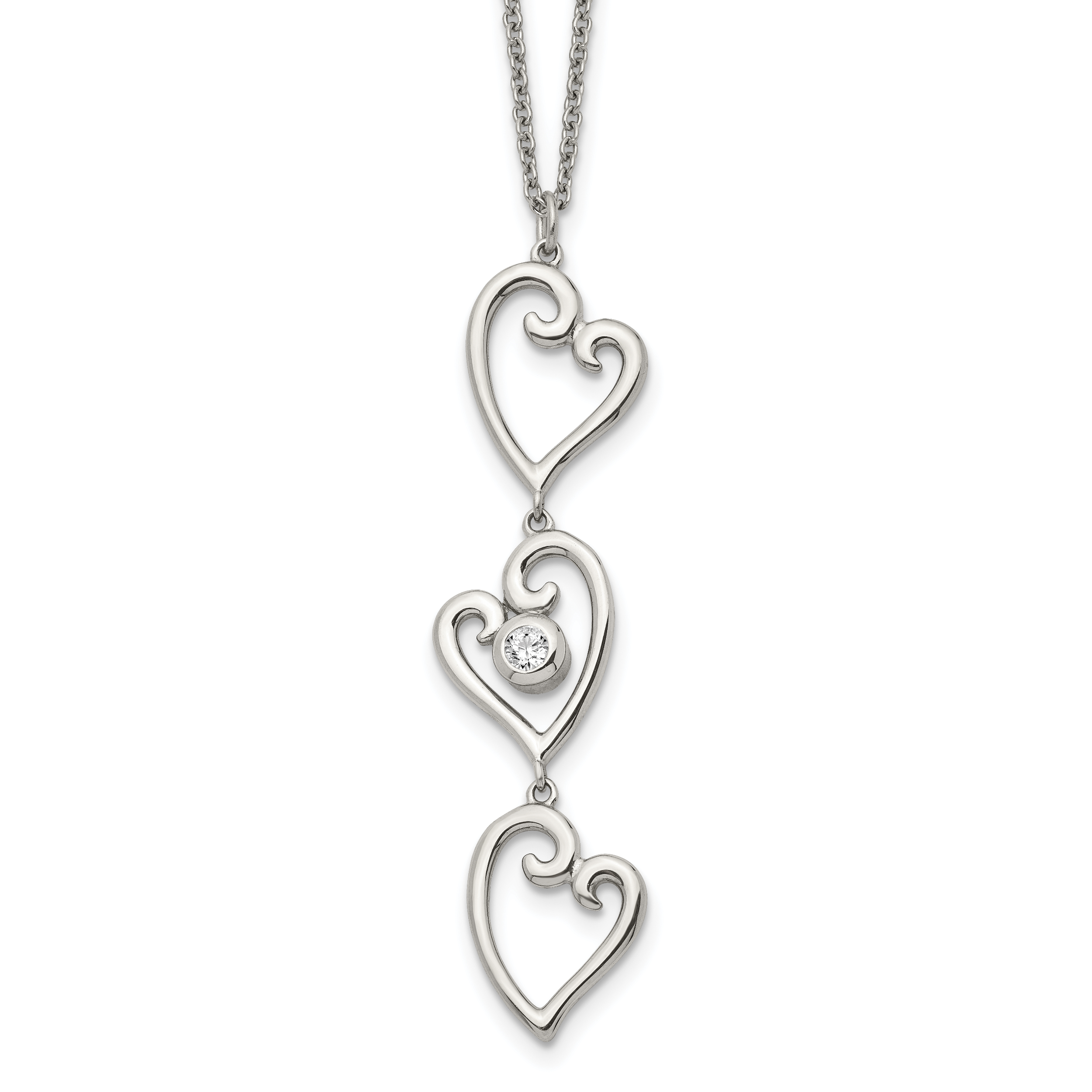 Stainless Steel Polished w/CZ Dangle Hearts 16in w/2in ext Necklace Main image