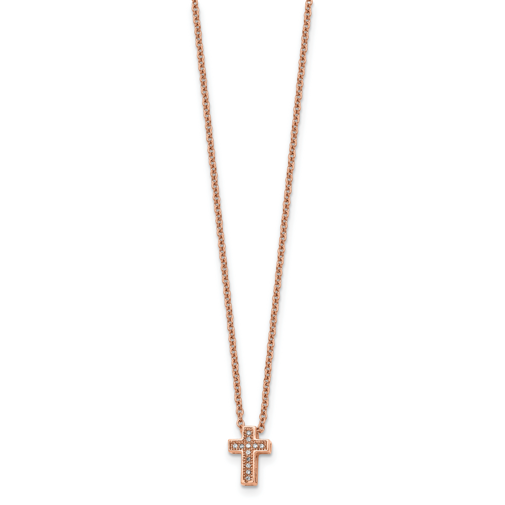 Stainless Steel Polished Rose IP-plated w/CZ Cross w/2in ext Necklace