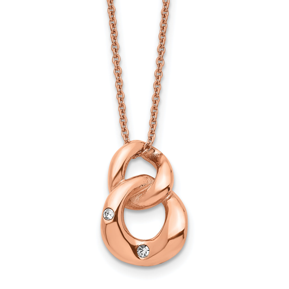 Stainless Steel Polished Rose IP-plated w/Crystal Two Loop 18in Necklace