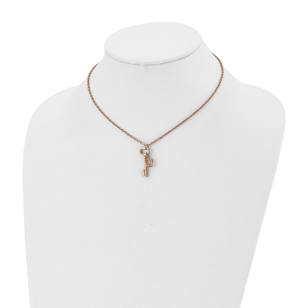 Rose-Tone Key & Crown Necklace in Stainless Steel