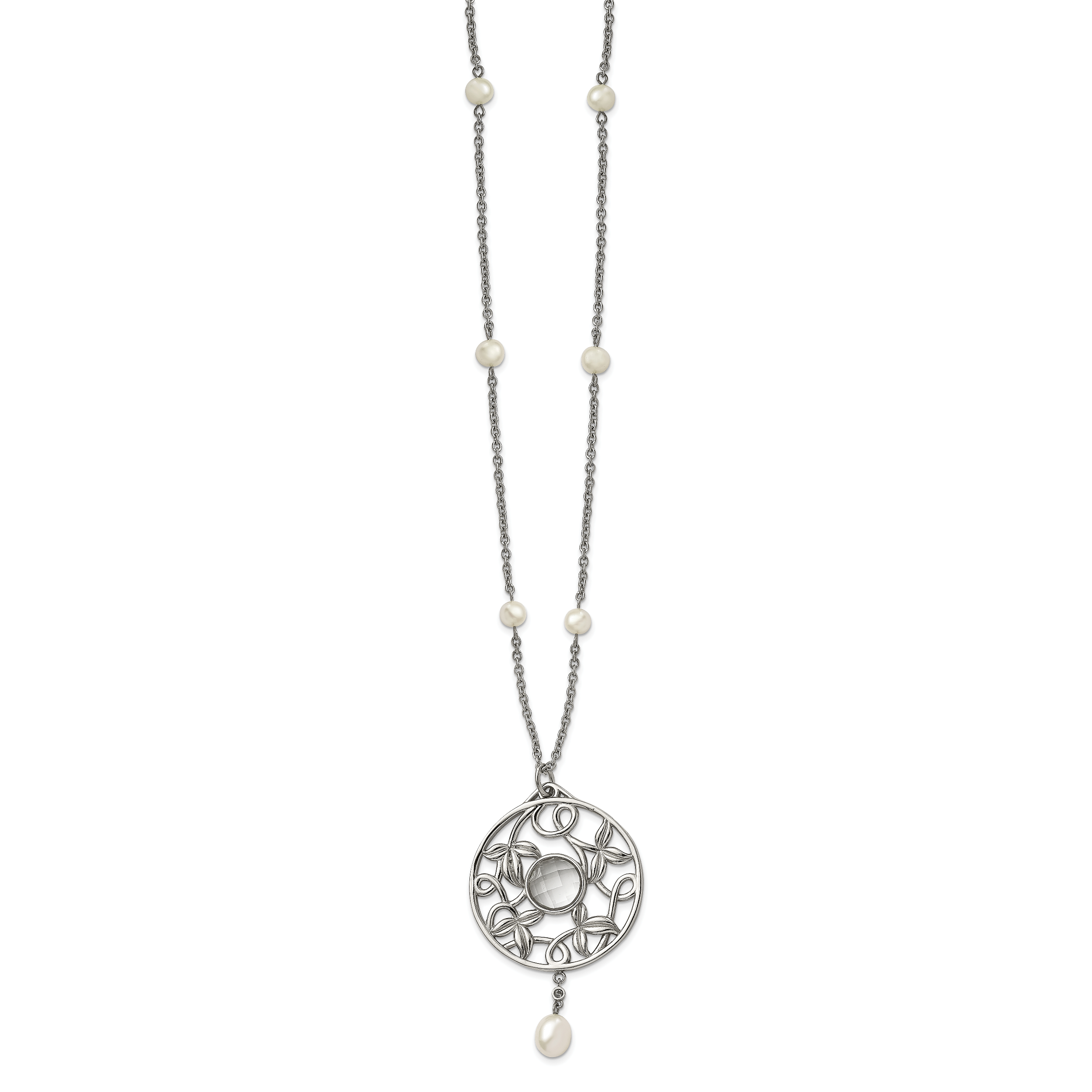 Stainless Steel Polished FWC Pearl & CZ & Glass 30in w/2in ext Necklace Secondary image