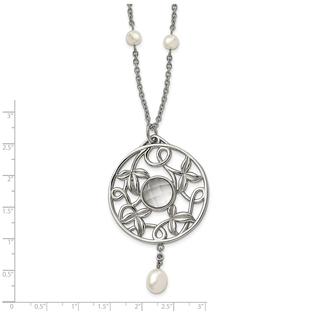 Stainless Steel Polished FWC Pearl & CZ & Glass 30in w/2in ext Necklace